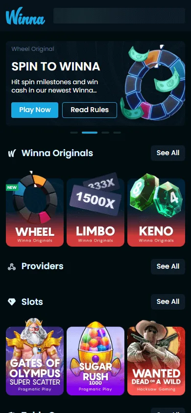 Winna Casino mobile browser interface on a phone