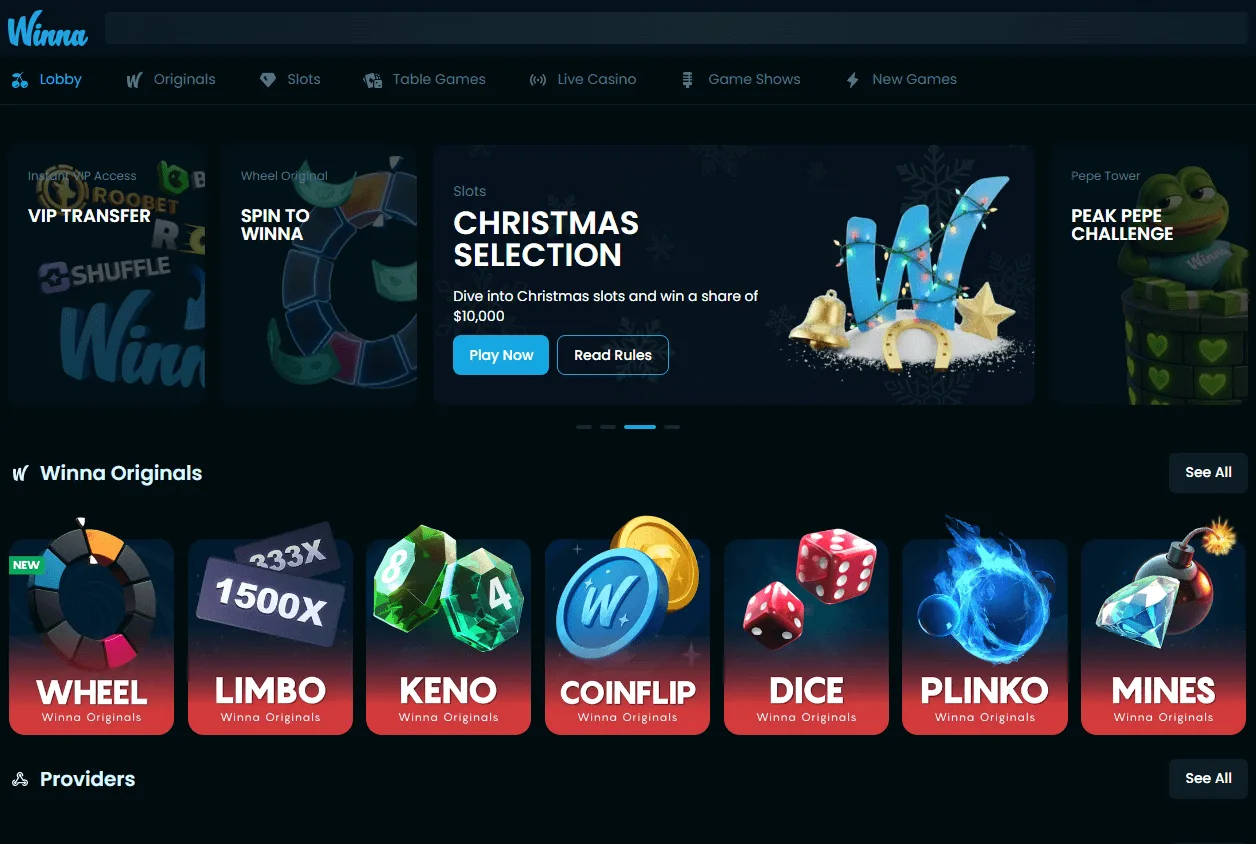 Winna Casino desktop home interface with casino, sportsbook and VIP features