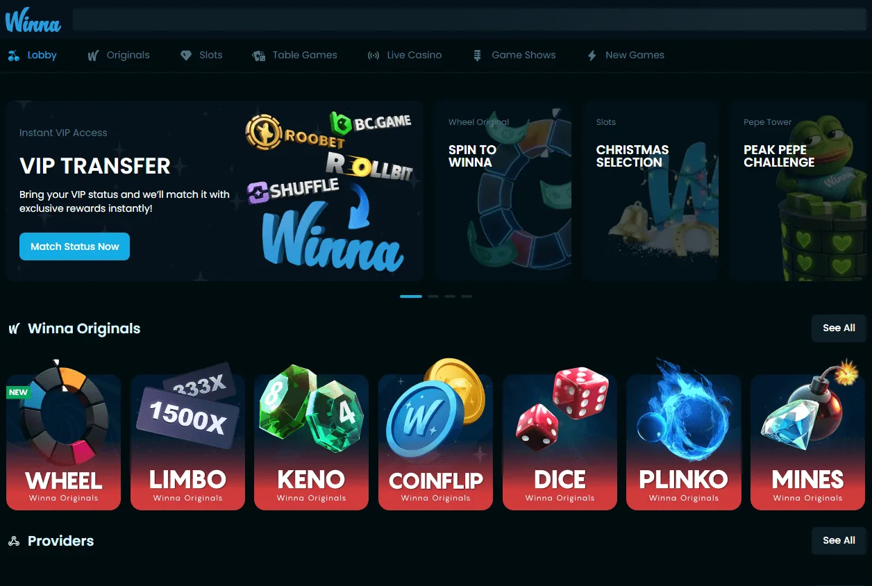 Winna Casino desktop games area with casino categories and titles